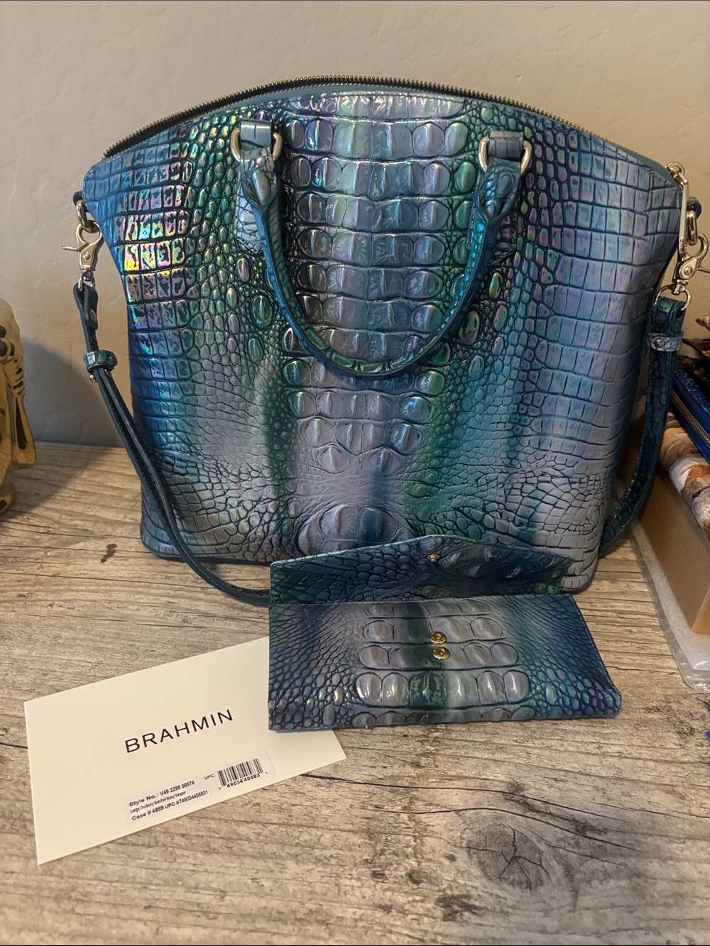 Brahmin Iridescent Teal-Blue Croc-Embossed Satchel with Wallet